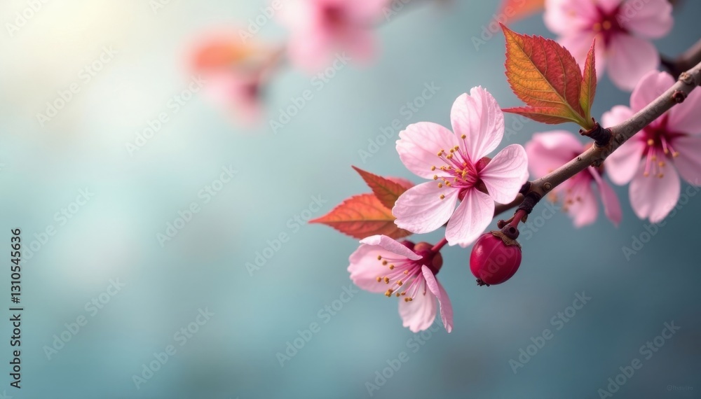 Delicate cherry blossom branch with leaves and berries, trees, colors Delicate cherry blossom branch with leaves and berries, trees, colors