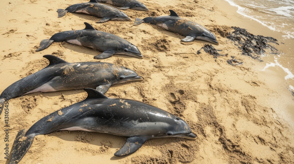 Obraz premium Several dead dolphins lie on the sandy shoreline after a mass stranding