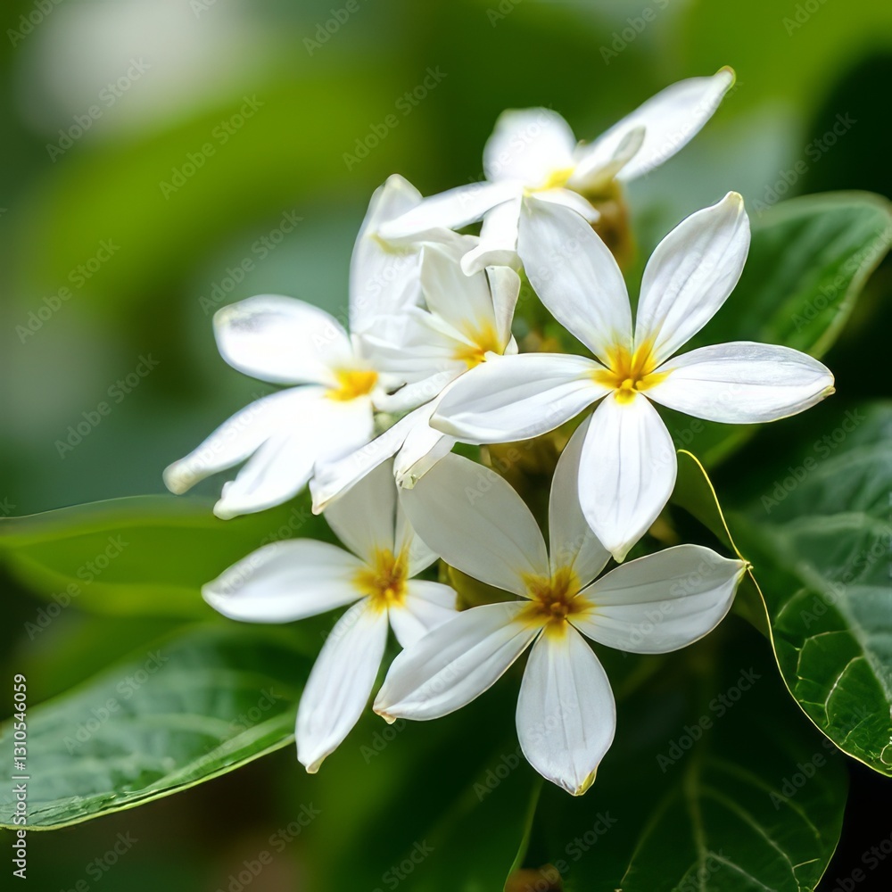 Close-up of Beautiful White Flowers with Yellow Centers on Green Leaves Close-up of Beautiful White Flowers with Yellow Centers on Green Leaves