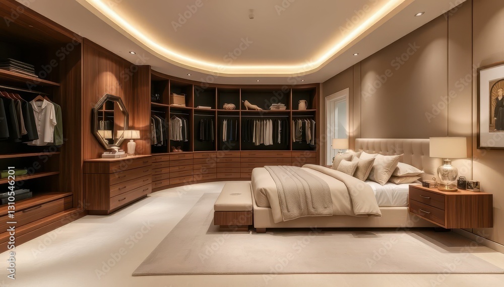 Elegant Modern Bedroom with Customized Closet and Soft Lighting Elegant Modern Bedroom with Customized Closet and Soft Lighting