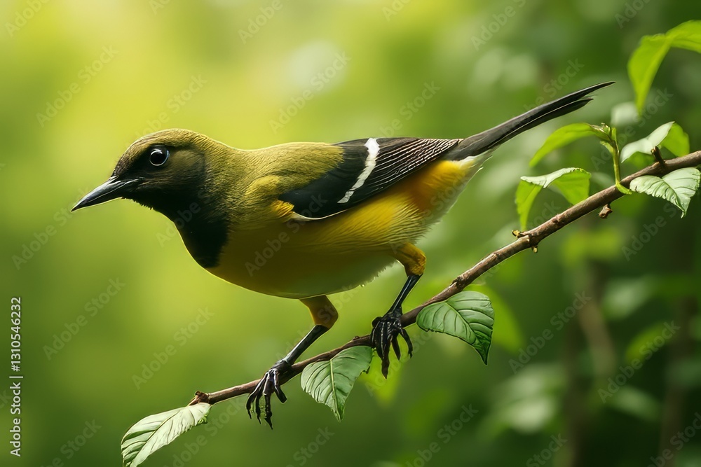 Obraz premium Close-up of a Yellow Bird Perched on a Branch in Lush Green Foliage