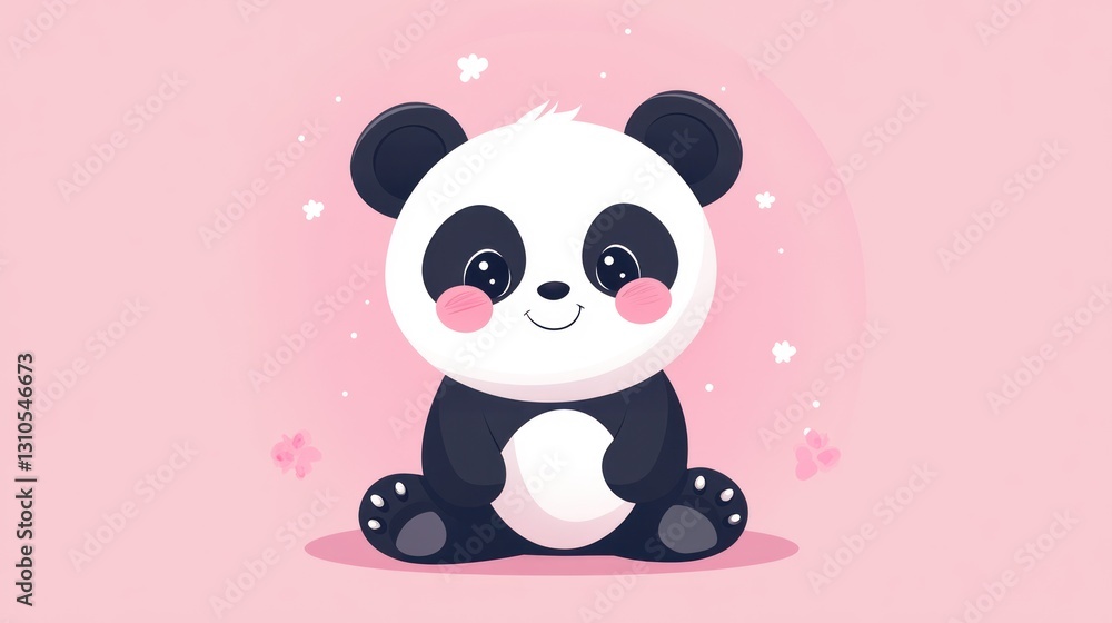 A cute cartoon panda sitting with pink flowers around it