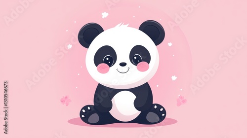A cute cartoon panda sitting with pink flowers around it