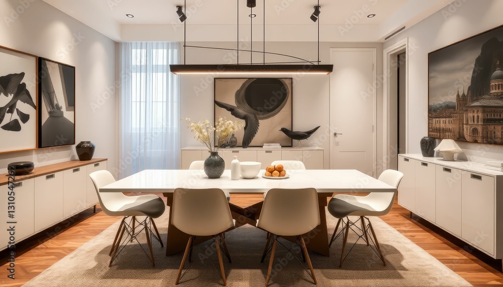 Modern Dining Room Interior with Minimalist Design and Artworks Modern Dining Room Interior with Minimalist Design and Artworks