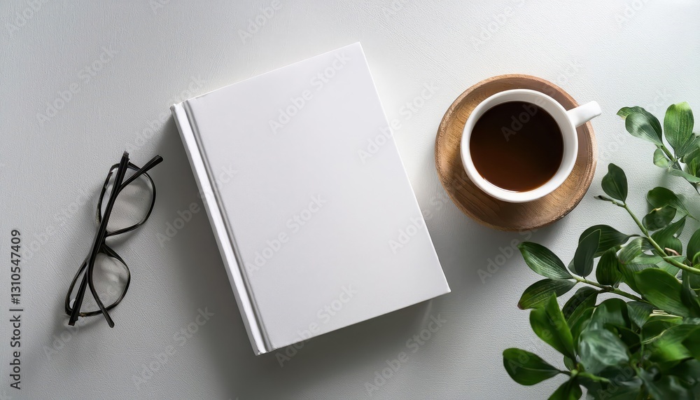 Stylish Workspace Serenity White Book Mockup, Coffee Mugs, Glasses, Blurred Greenery, and Minimalistic Charm in a Monochromatic Palette, Radiating Tranquility. Stylish Workspace Serenity White Book Mockup, Coffee Mugs, Glasses, Blurred Greenery, and Minimalistic Charm in a Monochromatic Palette, Radiating Tranquility.