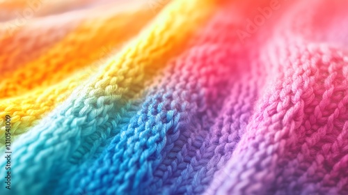 Soft rainbow-colored knitted fabric with detailed texture and vibrant hues. The warm and cozy textile creates a cheerful and artistic aesthetic, perfect for fashion and creative designs.