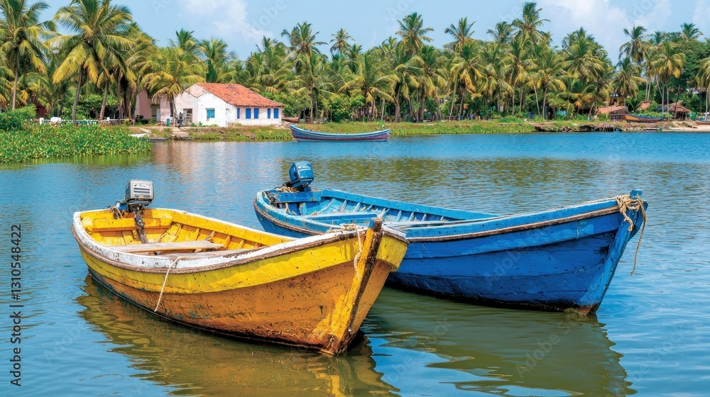 Boats anchored on calm lake near a rural building & tropical palm trees background Boats anchored on calm lake near a rural building & tropical palm trees background