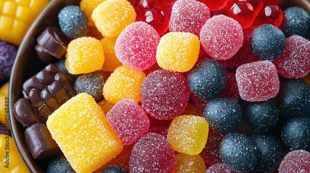 Bowl filled with colorful sugar-dusted gelatin candies and chocolate pieces Bowl filled with colorful sugar-dusted gelatin candies and chocolate pieces