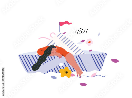 Life Unframed: Paper boat -modern flat vector concept illustration of girl floating in paper boat. A metaphor of unpredictability, imagination, whimsy, cycle of existence, play, growth and discovery