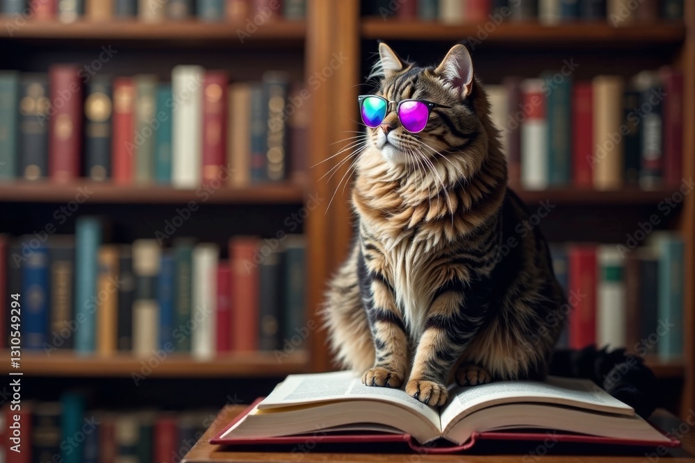 Furry fashionista cat sporting mirrored rainbow laser glasses and oversized sunglasses perched on top of a bookshelf filled with art books, art lovers, cats Furry fashionista cat sporting mirrored rainbow laser glasses and oversized sunglasses perched on top of a bookshelf filled with art books, art lovers, cats