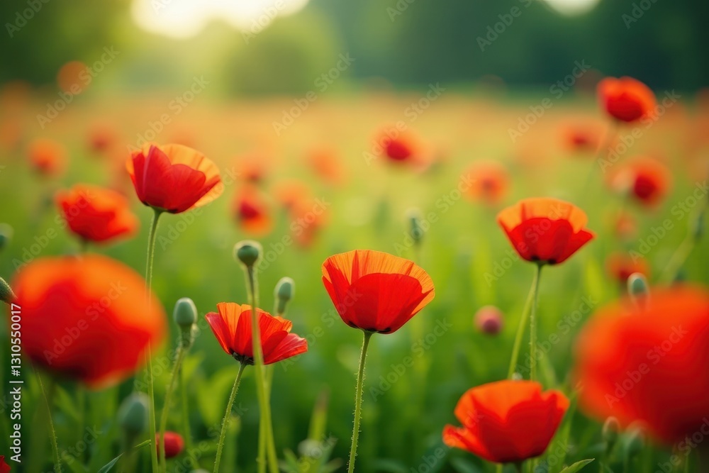 A carpet of red poppies blankets a lush green summer meadow , green, rhoeas A carpet of red poppies blankets a lush green summer meadow , green, rhoeas