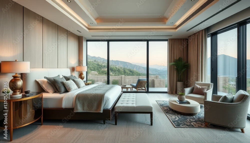Modern Luxurious Bedroom with Mountain View and Natural Light Modern Luxurious Bedroom with Mountain View and Natural Light