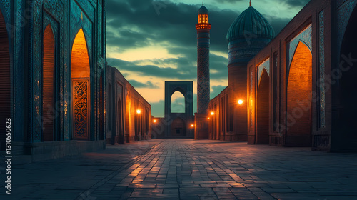 The evening azan echoing from the iconic minaret of kalon in bukhara, with warm lights illuminating the mosque. Echoing - Canyons. Illustration
