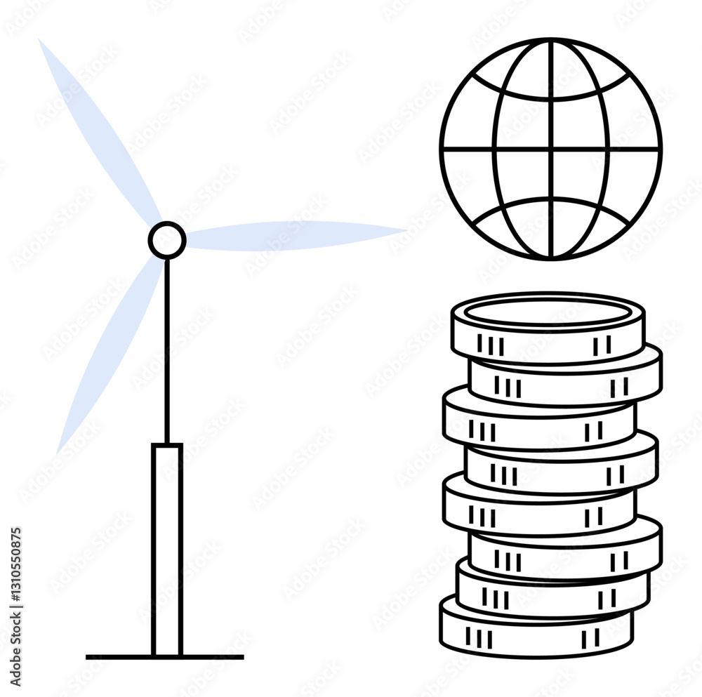 Wind turbine, coin stack, and globe emphasizing renewable energy, sustainable resources, and green investment. Ideal for sustainability, economy, energy, environment innovation progress Wind turbine, coin stack, and globe emphasizing renewable energy, sustainable resources, and green investment. Ideal for sustainability, economy, energy, environment innovation progress