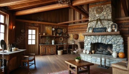 Cozy Rustic Living Room with Stone Fireplace and Wooden Accents