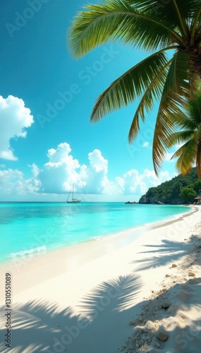 Sandy beach with turquoise water   palm trees silhouette  sand  summer