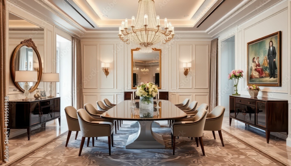 Fototapeta premium Elegant dining room with luxurious decor and modern chandelier