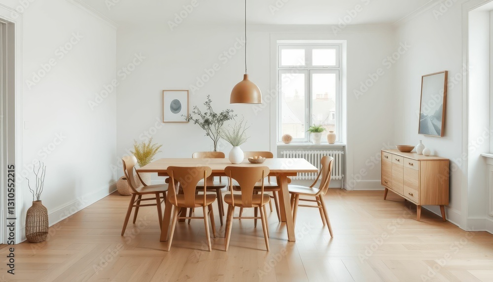 Fototapeta premium Modern Minimalist Dining Room with Natural Light and Wood Decor