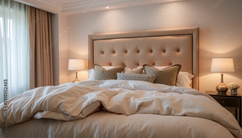 Cozy and Elegant Bedroom with Plush Bedding and Soft Lighting Cozy and Elegant Bedroom with Plush Bedding and Soft Lighting
