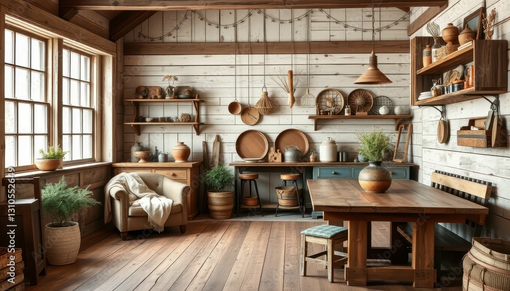 Fototapeta premium Cozy Rustic Kitchen with Wooden Furniture and Natural Decor Elements