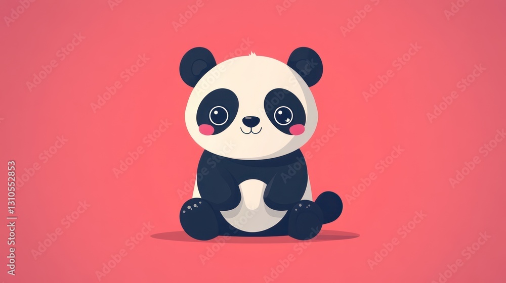 Fototapeta premium A Cute Cartoon Panda Sits Calmly On A Pink Background