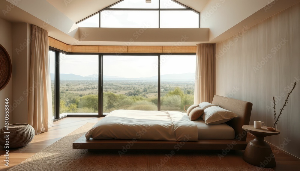 Serene Modern Bedroom with Panoramic View of Nature and Landscape Serene Modern Bedroom with Panoramic View of Nature and Landscape