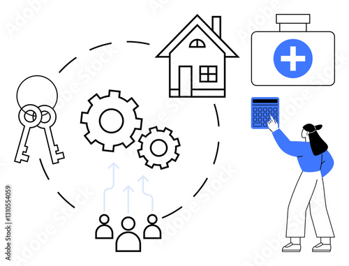 Woman using calculator, surrounded by keys, gears, house, health cross, and teamwork icons for business, finances, home healthcare planning decision-making. Ideal for strategy productivity