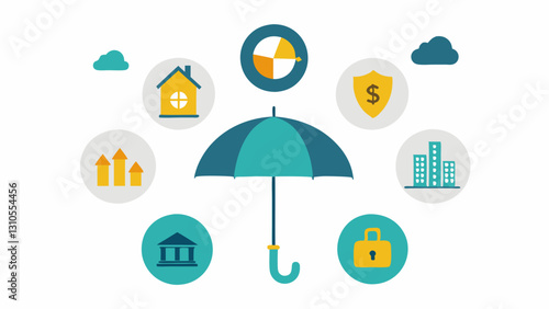 Investment Icons A collection of icons representing different investments like a house stocks bonds and gold arranged within a large umbrella representing the mutual fund.