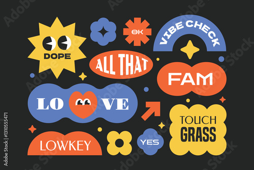 Groovy cartoon stickers, patch, label collection. Y2k style character geometric with gen z and millenials slang words.