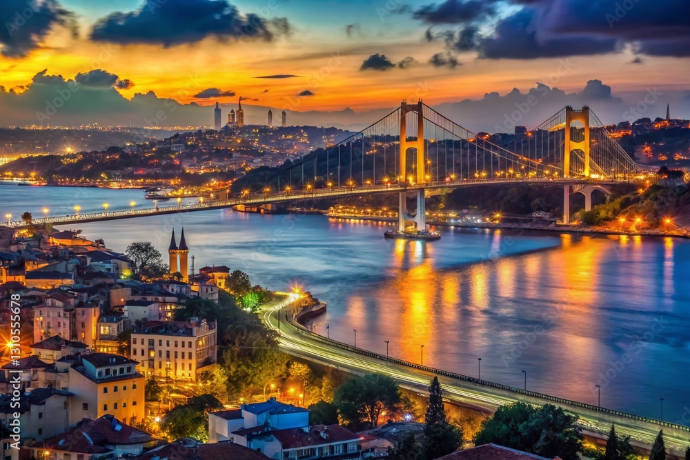 Fototapeta premium Istanbul Bosporus Night Lightscape: Dramatic Low-Light Cityscape Photography