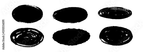 Oval dry paint stains set. Black grunge chalk ellipse collection. Textured brush stroke round element pack. Hand drawn charcoal blobs for frame design, template, poster, banner. Vector circular spots