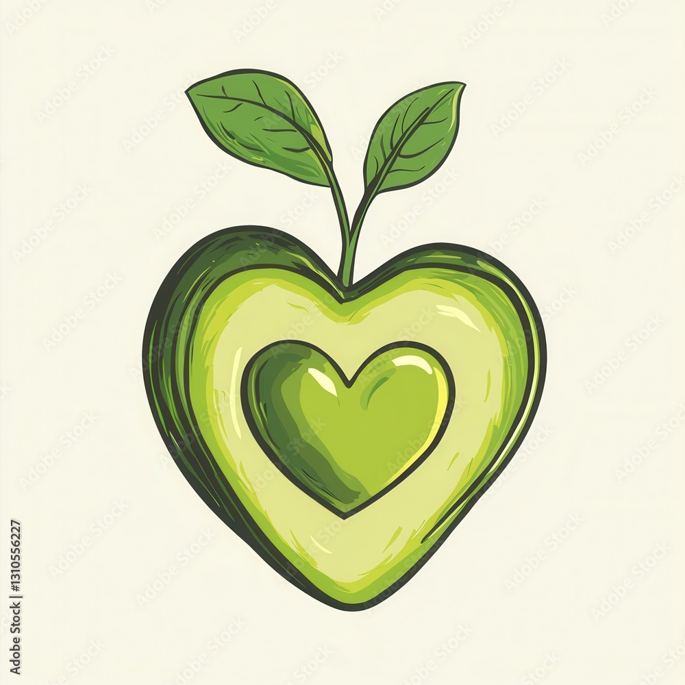 Fototapeta premium Handmade avocado logo featuring heart shaped seed in a fresh green organic style