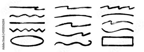 Straight, zigzag and wavy paint line set. Sketch brush stroke and frames collection. Rough charcoal stripes and forms for highlight, underline, emphasis. Vector hand drawn textured crayon chalk strips