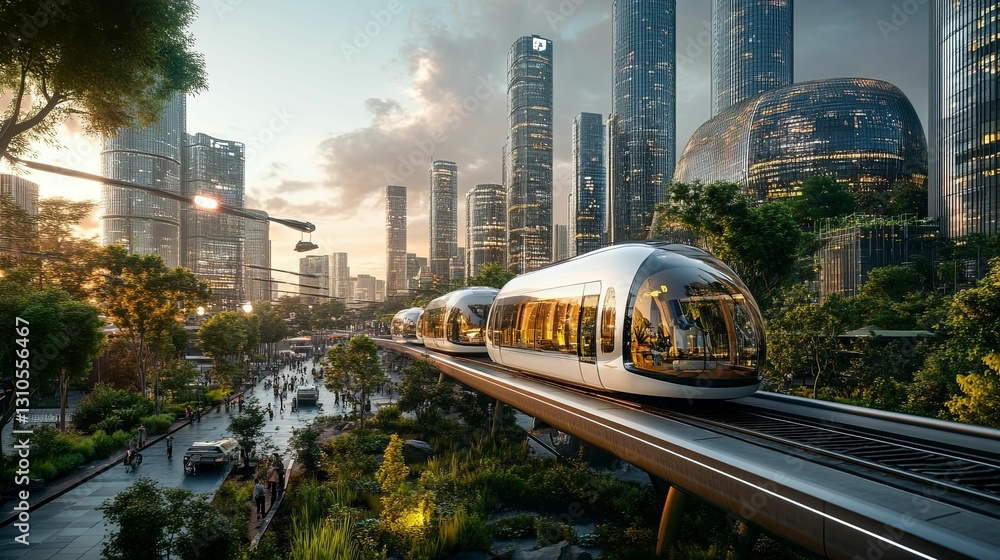 Fototapeta premium Futuristic Cityscape With Elevated Automated Transit System