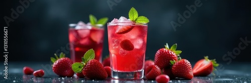Iced berry fizz, mint, strawberries, dark backdrop, dark mood, garnish, purple fruit