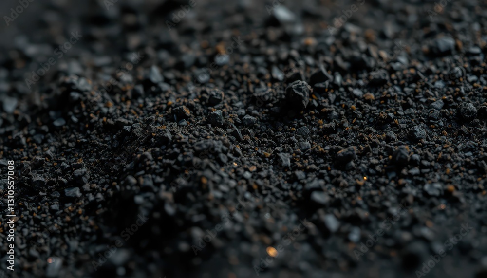 Close-Up View of Dark Granular Material on a Textured Background Close-Up View of Dark Granular Material on a Textured Background