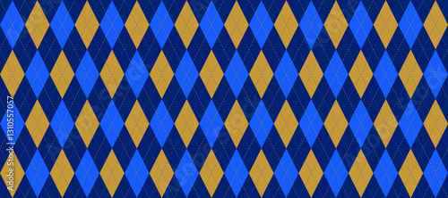 Blue yellow seamless argyle pattern. Dark navy rhombus repeated texture wallpaper. Masculine stitched diamond background for textile design, fabric swatch, scarf cloth, suit print. Vector backdrop 