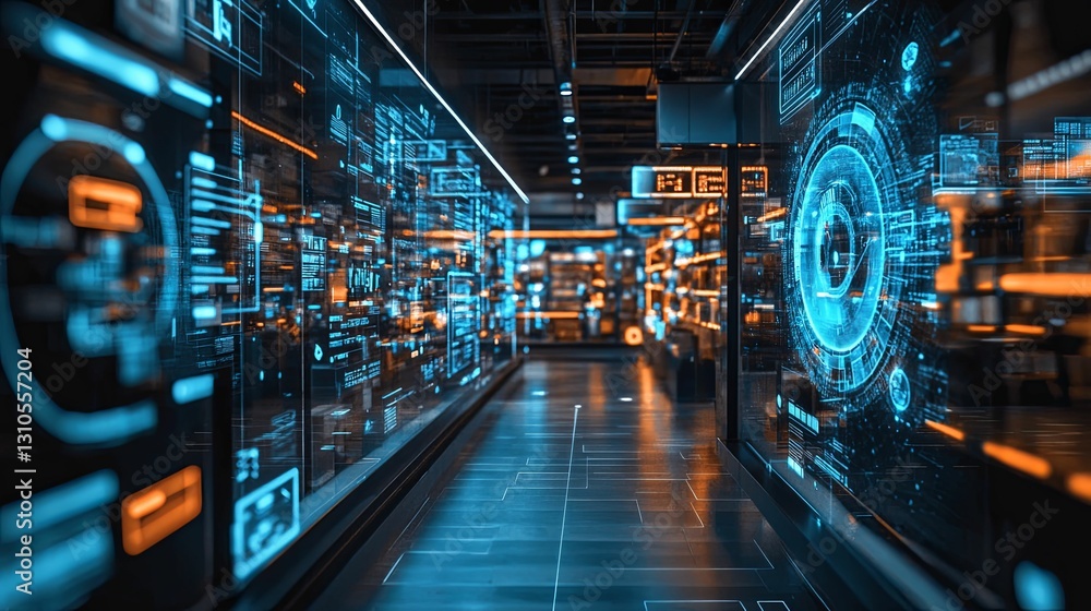 Fototapeta premium Futuristic Corridor Displays Digital Data Streams