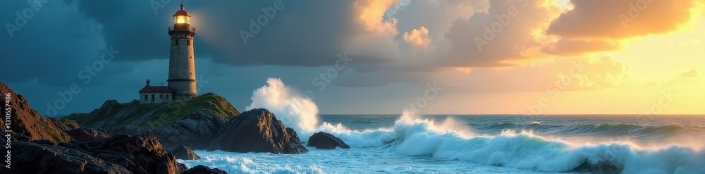 Fototapeta premium Ancient stone lighthouse, raging tempest, crashing waves , old, storm, coastal