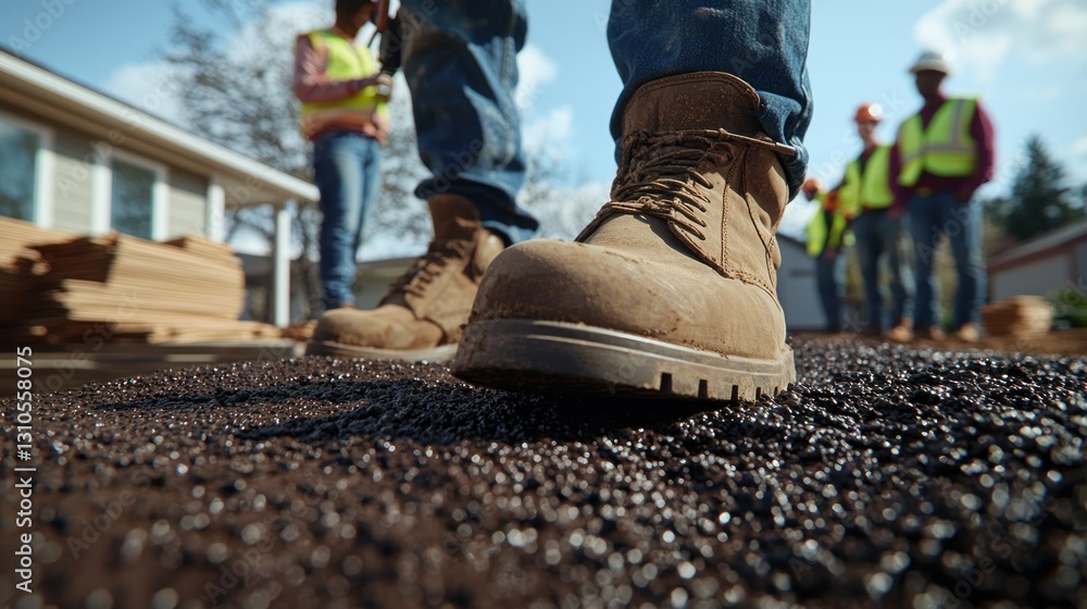 Construction Boots on new asphalt, crew stands by Construction Boots on new asphalt, crew stands by