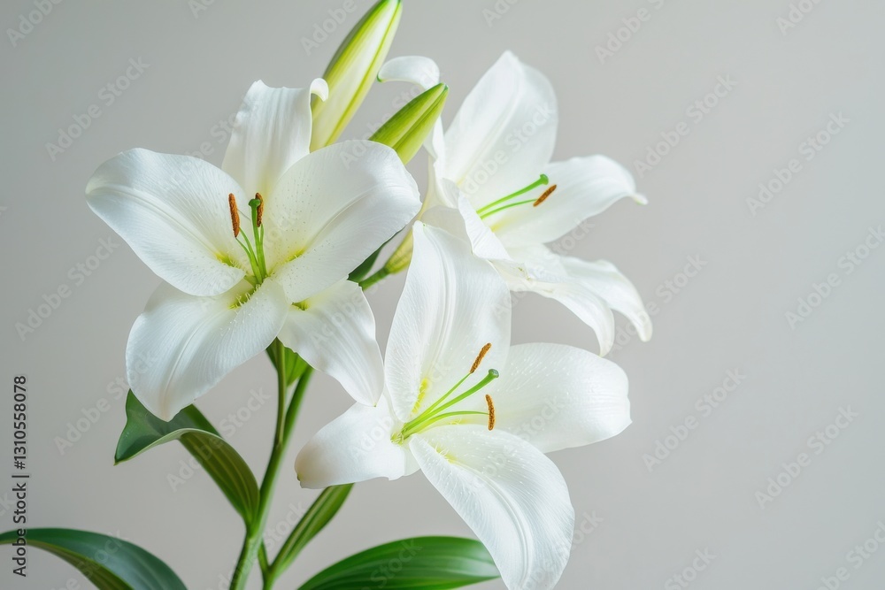 Fresh white lilies elegantly displayed against a minimalist neutral background Fresh white lilies elegantly displayed against a minimalist neutral background