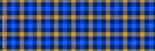 Blue and yellow gingham seamless pattern. Navy vichy background texture for textile design, fabric swatch, scarf cloth, suit print. Masculine checkered tweed plaid repeating wallpaper. Vector backdrop