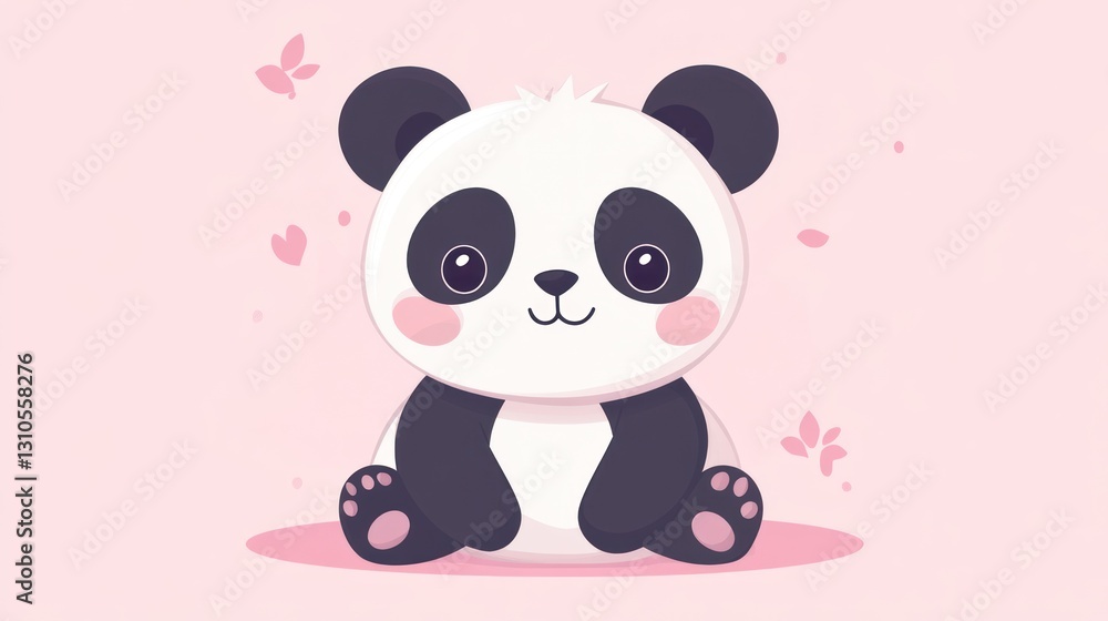 Naklejka premium A charming cartoon panda with flowers and hearts on a pink background
