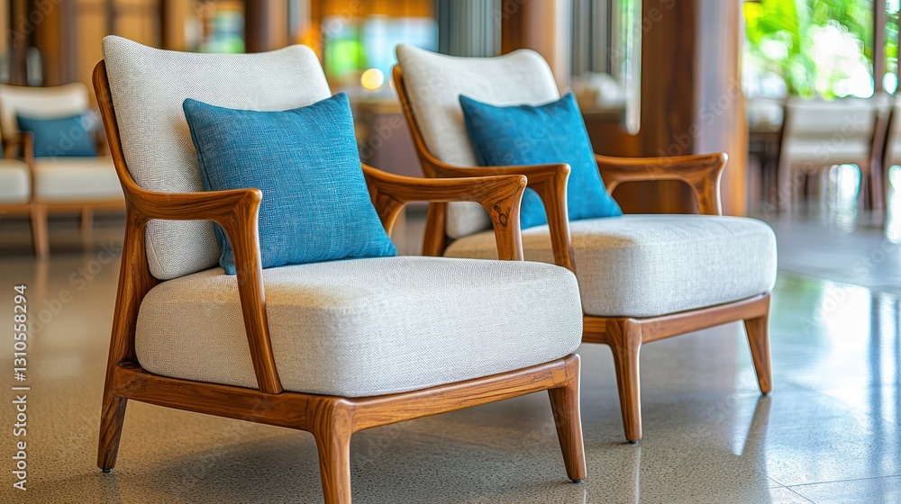 Comfy armchairs with blue pillows in a bright lobby area with wood accents Comfy armchairs with blue pillows in a bright lobby area with wood accents