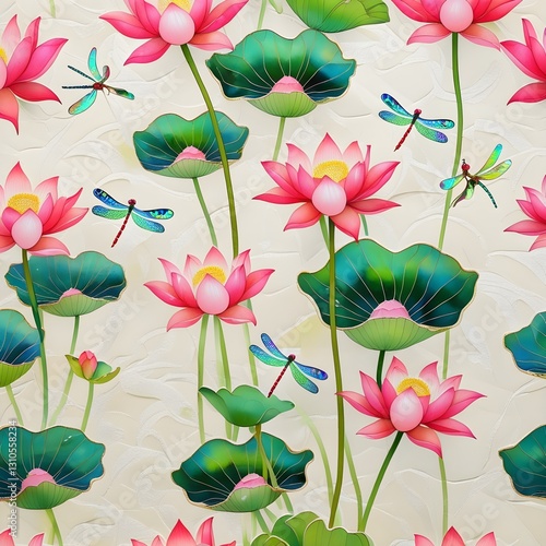 Seamless pichwai inspired background pattern with pink lotus flowers and dragon flies, this can be used for digital projects as well as for print on various surfaces like textiles, paper Generative AI
