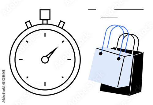 Stopwatch pointing to 2 oclock beside two shopping bags. Ideal for e-commerce, quick shopping, efficiency, time-saving, modern consumerism, online retail, sales. Black white blue abstract line flat