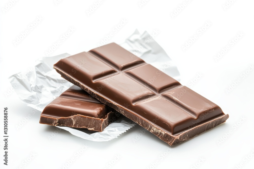 Minimalist chocolate bar partially unwrapped in a white package on a clean backdrop showcasing delicious detail Minimalist chocolate bar partially unwrapped in a white package on a clean backdrop showcasing delicious detail