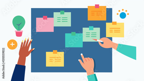 Investment Strategy Board A closeup illustration of a brainstorming board filled with sticky notes graphs and investment terms with hands placing additional notes showcasing the