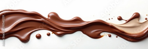 Thick chocolate syrup streams, swirling elegantly on pristine white , brown, chocolate syrup, confectionery