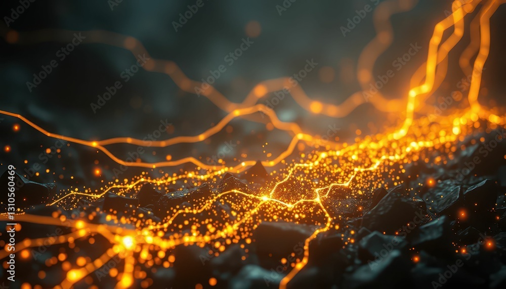 Bright Orange Sparks and Flowing Light on Dark Rocky Surface Bright Orange Sparks and Flowing Light on Dark Rocky Surface